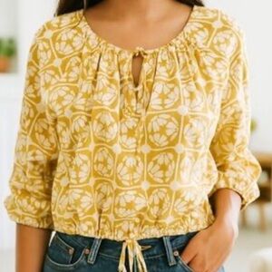 Jason Wu Long Sleeve Split Neck Poplin Crop printed top with drawstring waist